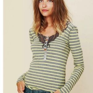 We The Free Yellow and Gray Striped Shirt With Lace and Buttons. XS